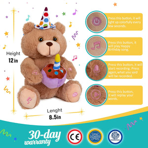 Glow Guards 12" Happy Birthday Teddy Bear Stuffed Animal with Cupcake and Candle Light up Electric Recordable Glowing Musical Singing Soft Plush Toy Christmas Birthday Gift for Kids, Brown