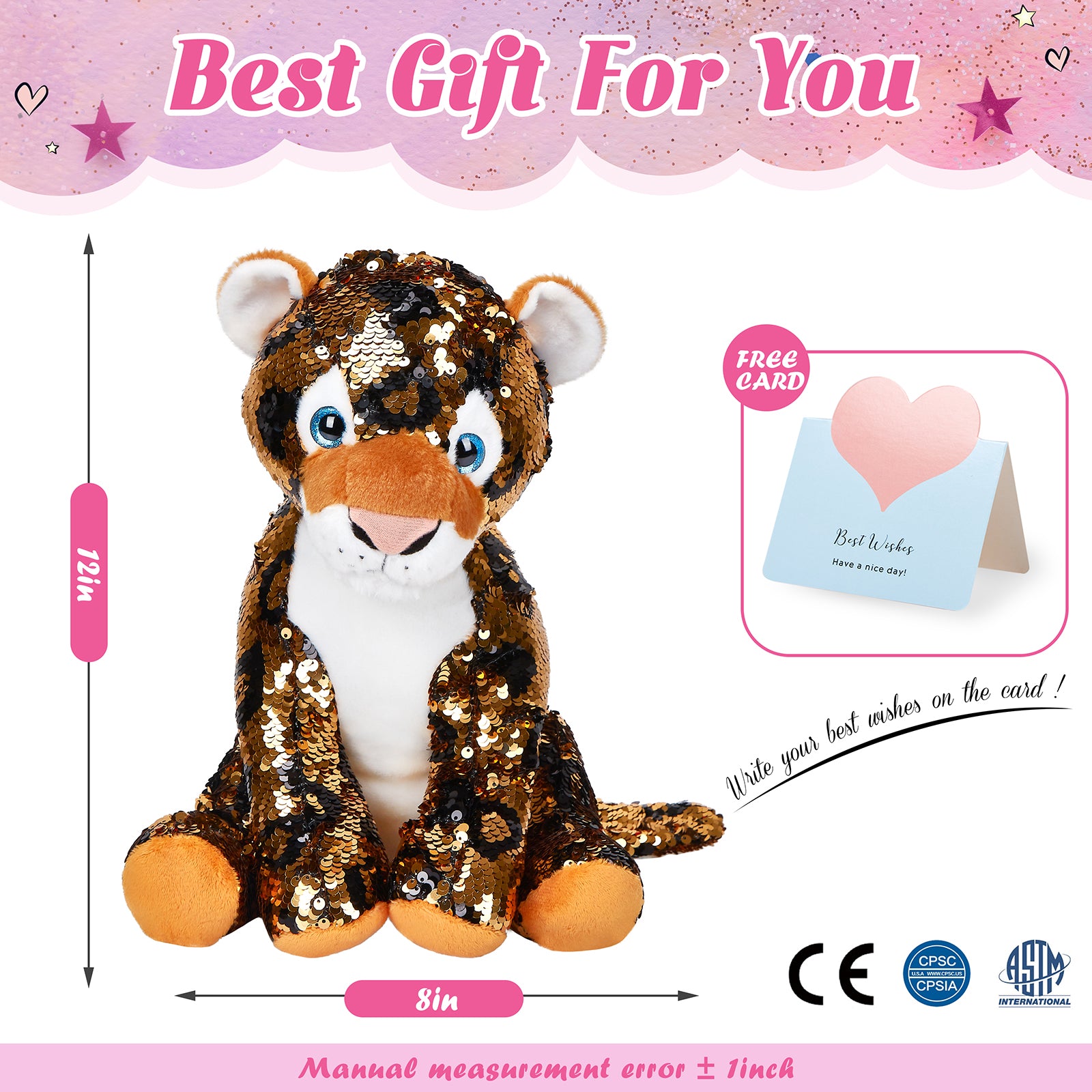 Athoinsu 12'' Sequin Leopards Plush Toy Stuffed Animal - Glow Guards